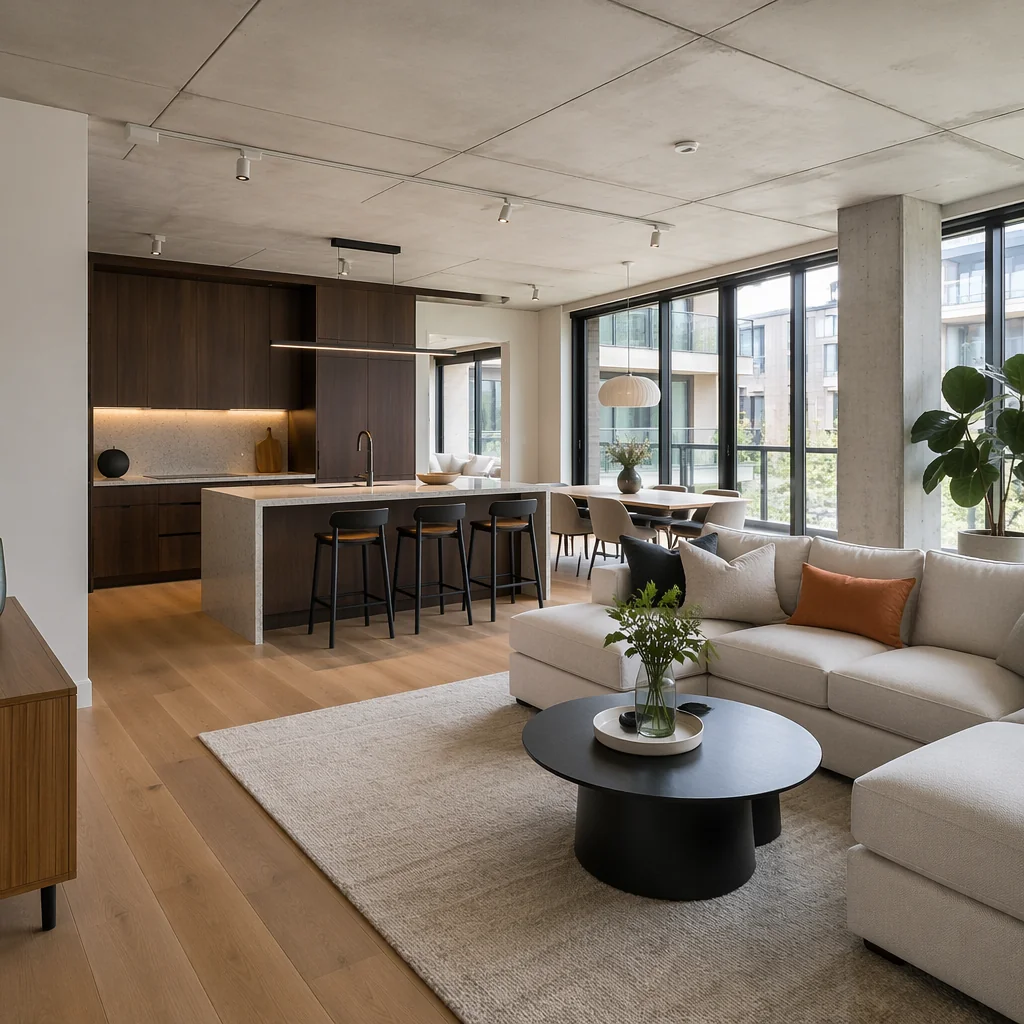 Bright modern modular apartment interior with open floor plan, kitchen island, and large windows