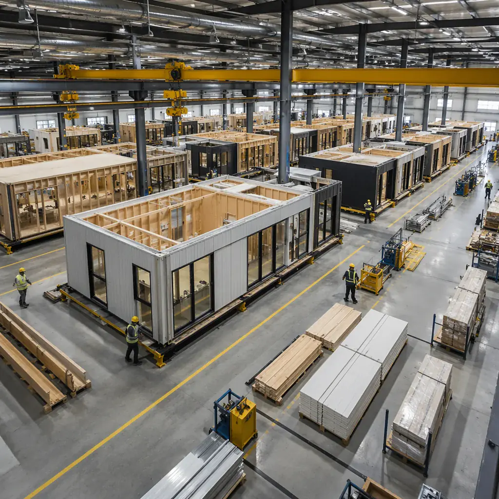 Clean modern factory floor with modular building units in various stages of assembly on a production line