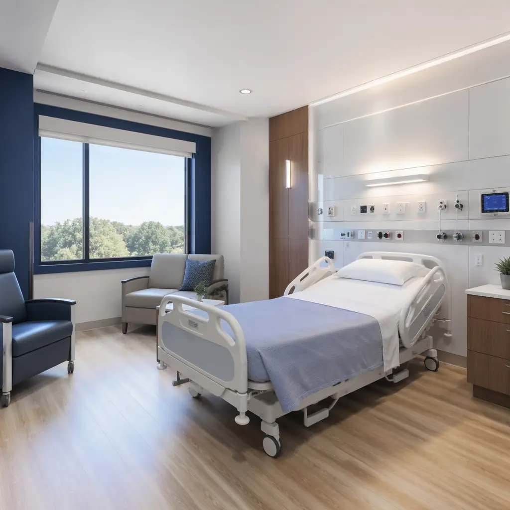 Modern modular healthcare facility exterior with clean architectural lines and medical facility signage
