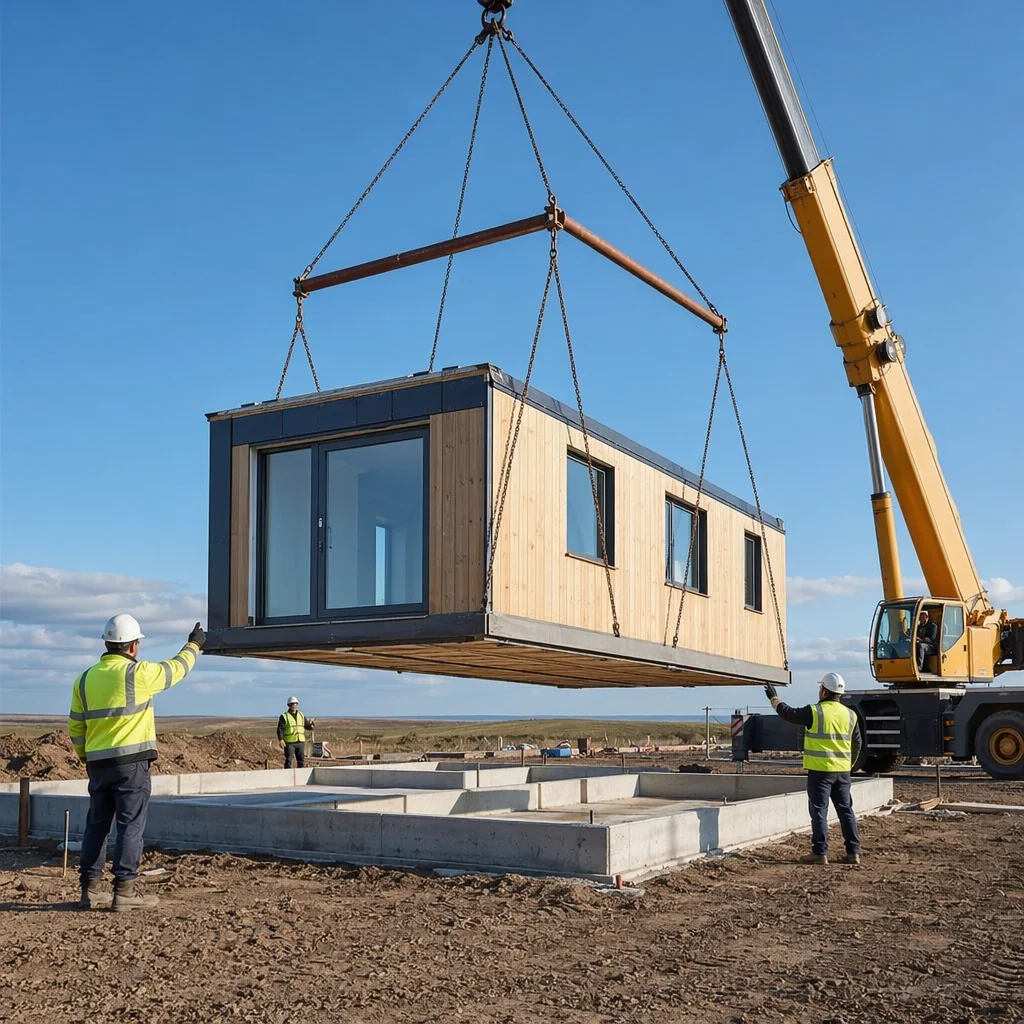 Crane lowering a finished modular building unit onto a multi-story building frame at a construction site