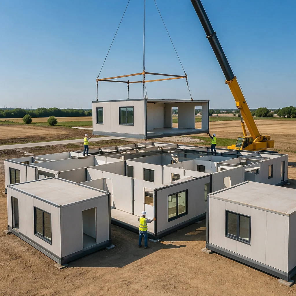 Construction site with modular units being stacked and aligned by crane, showing modular grid structure